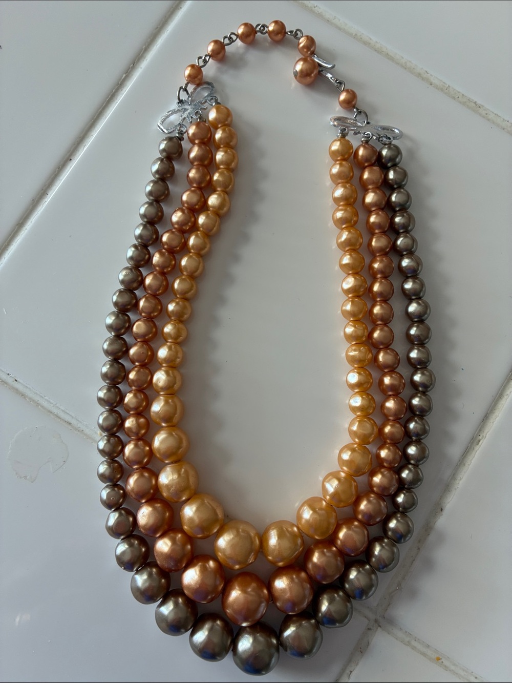 Multi-Strand Faux Pearl Necklace in Gold, Bronze and Champagne Choker.